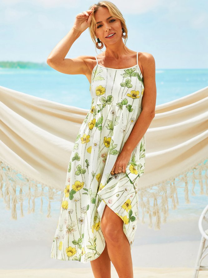Resort U-Neck Cotton-Blend Sleeveless Weaving Dress