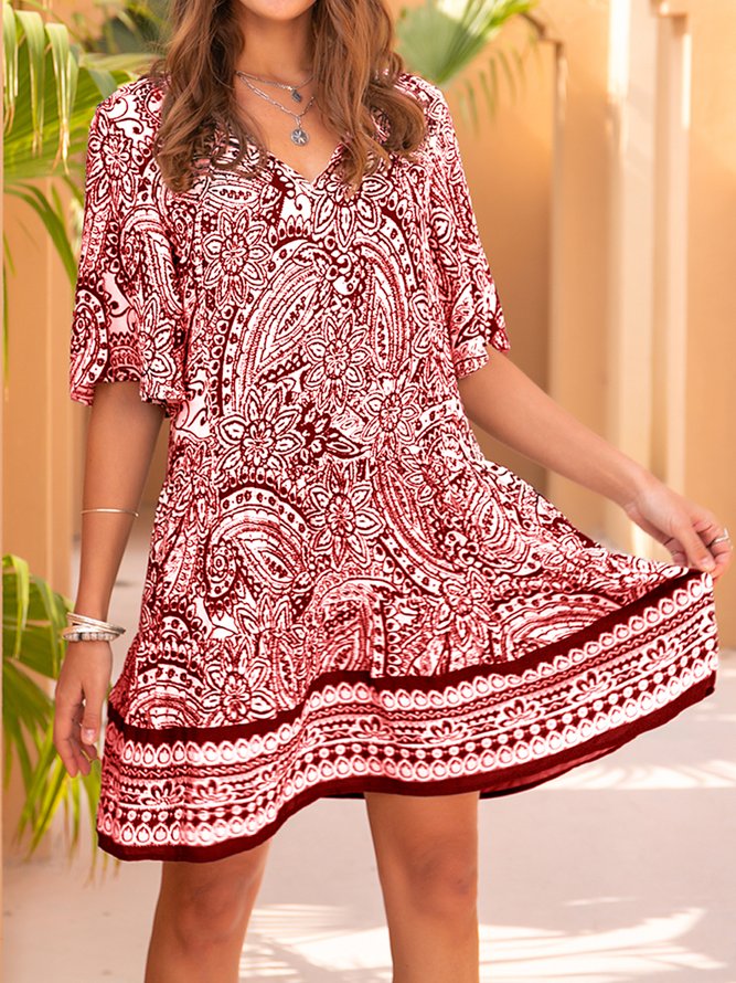 Short Sleeve Floral-Print A-Line Casual Weaving Dress