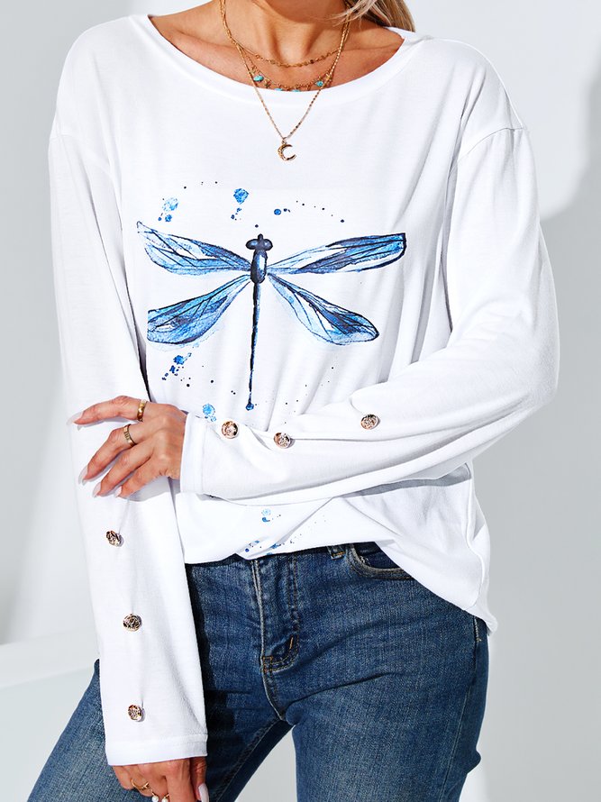 Long Sleeve Dragonfly Casual Crew Neck T-shirt