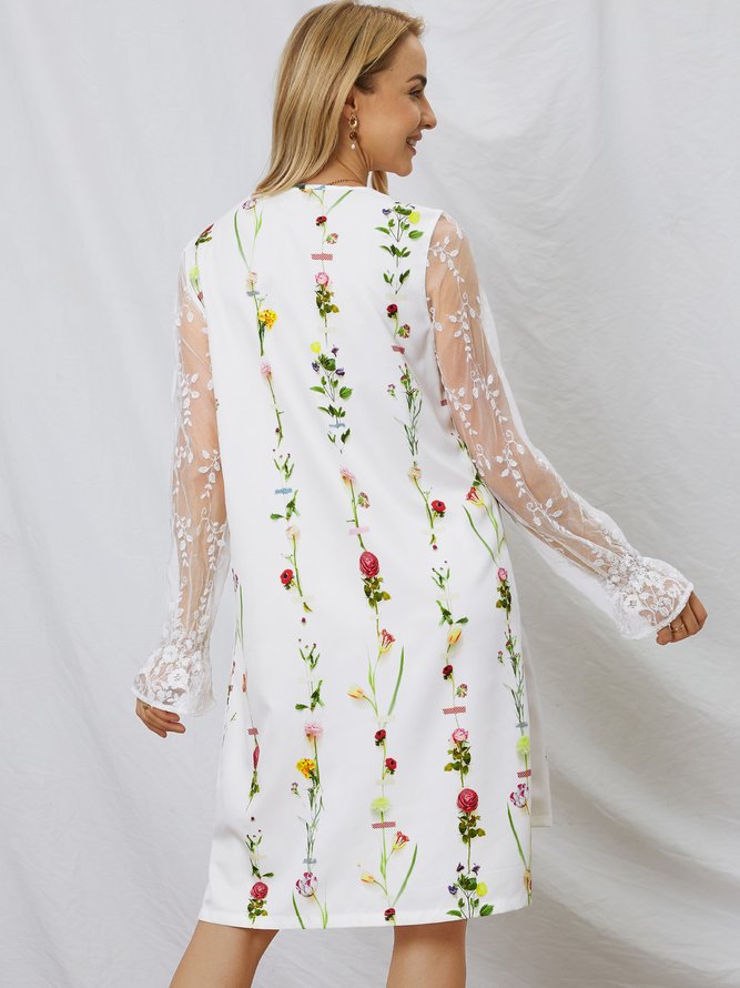 V Neck Floral Cotton Blends Long sleeve Woven Dress