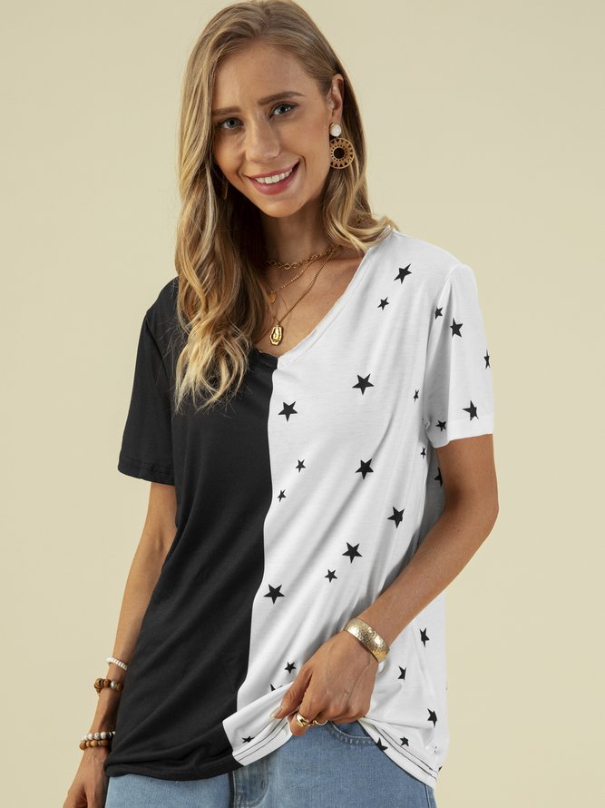 Color Block Stars Printed V-Neck Short Sleeves Plus Size Casual Tops
