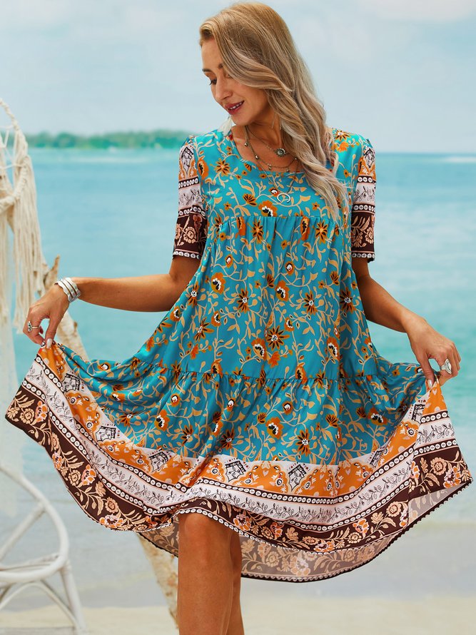 Holiday Printed Floral Crew Neck Dress