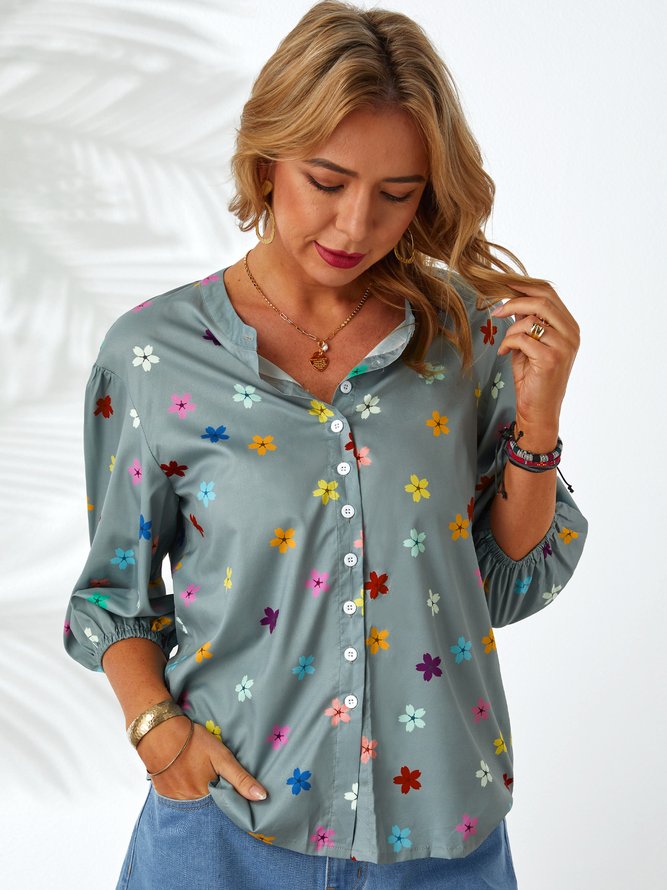Gray Floral Printed 3/4 Sleeve Stand Collar Casual Shift Blouse