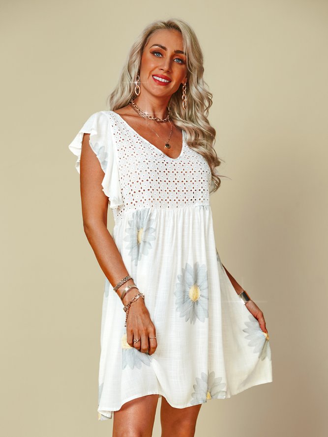 White Floral V Neck Short Sleeve Cotton Weaving Dress
