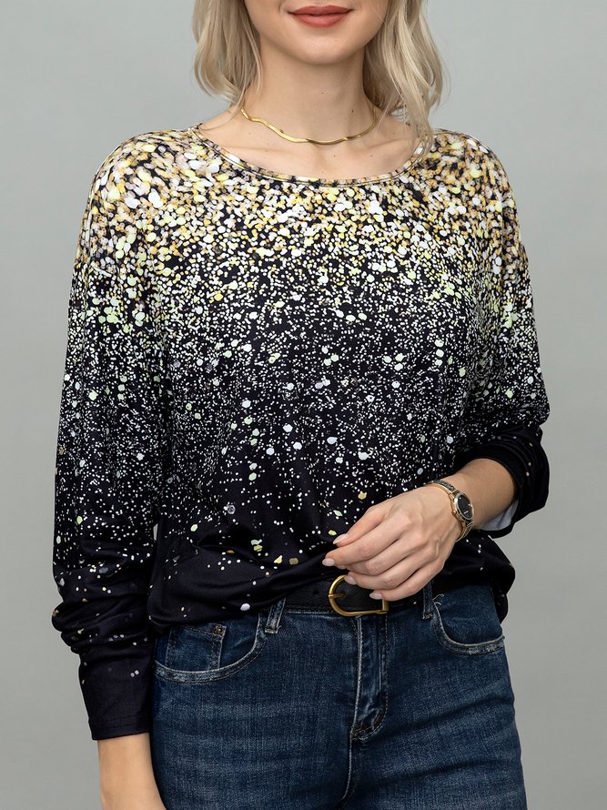 New long sleeve round neck geometric gradient shiny print Christmas top T-shirt for women