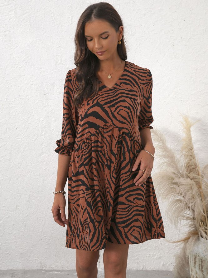 Brown V Neck Cotton-Blend Boho Leopard Weaving Dress