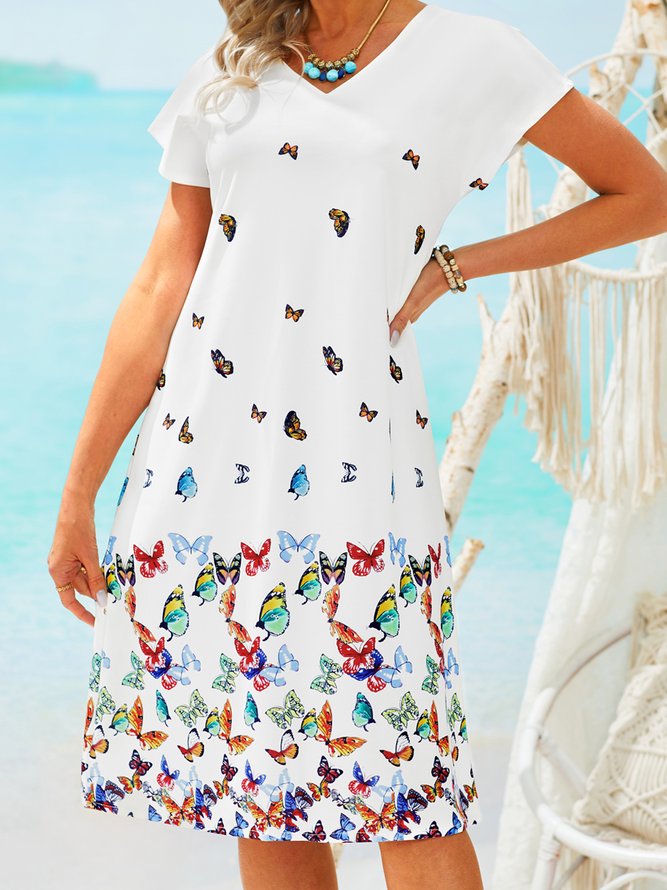V-neck mid-length women's dress daily butterfly print dress