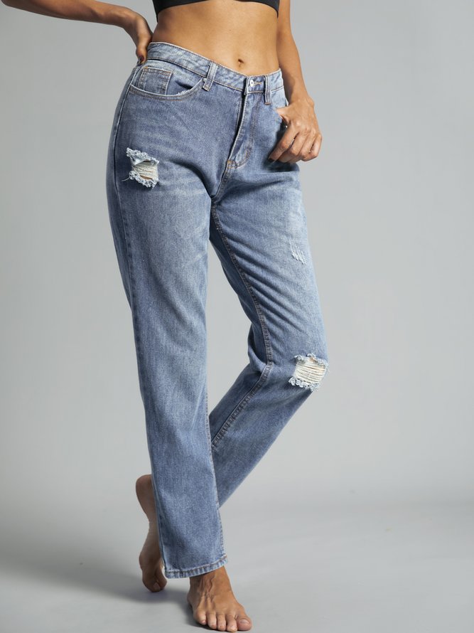 Blue Solid Pockets Simple Denim Jeans