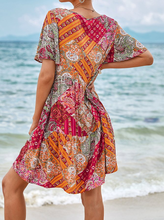 Floral-Print Cotton-Blend Boho Short Sleeve Weaving Dress