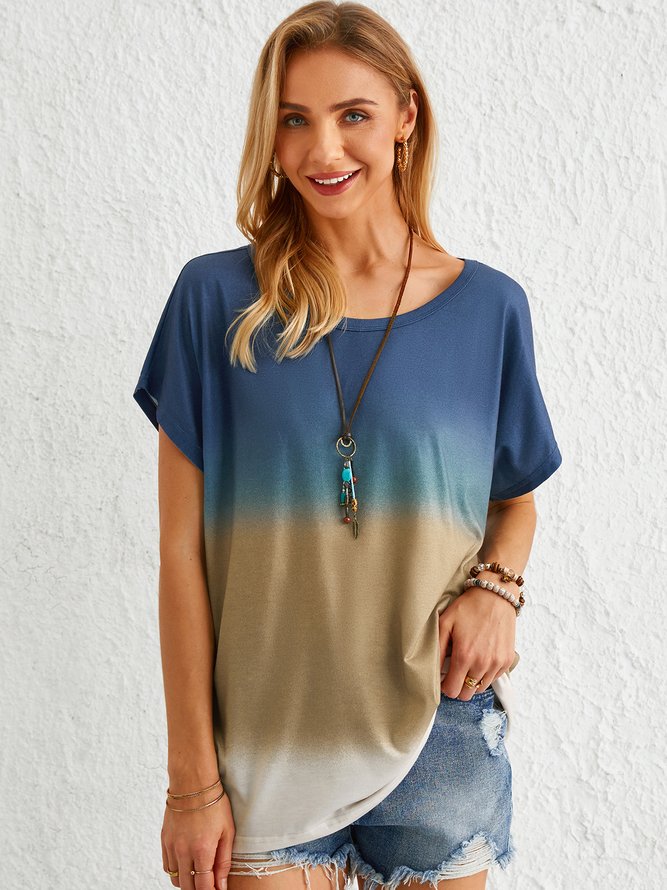 Plus Size Ombre/tie-Dye Short Sleeve Casual Tops