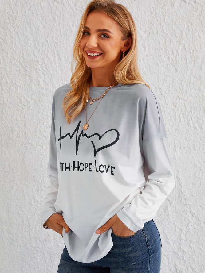 Long Sleeve Ombre Casual Letter T-shirt