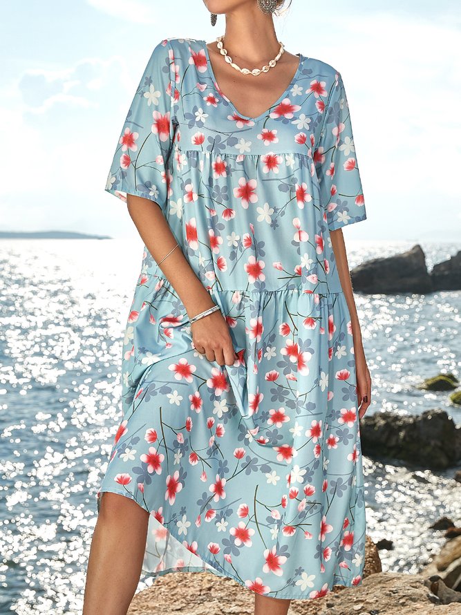 Resort Floral-Print Short Sleeve Weaving Dress