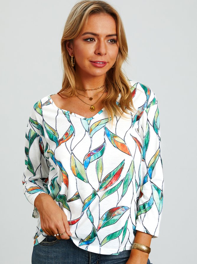 Printed Casual Long Sleeve V Neck Tops