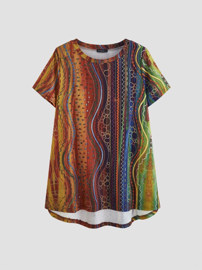 Colorful Geometric Casual Crew Neck Short Sleeve Tops