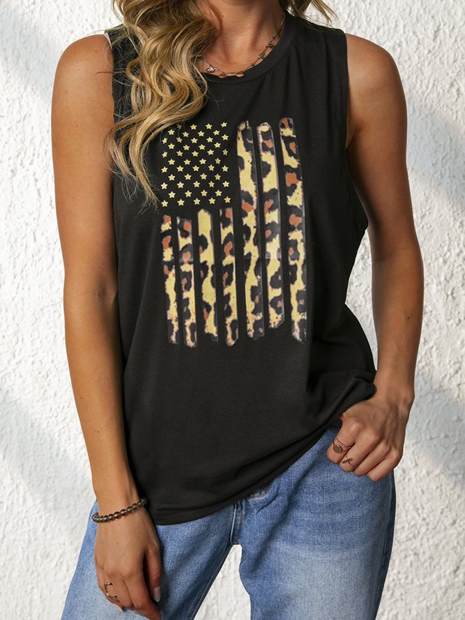 Plus Size Graphic Sleeveless  Printed  Cotton-blend  Crew Neck  Casual  Summer  Black Top