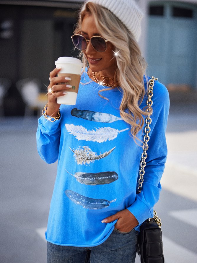 Simple Long Sleeve Printed Round Neck T-shirt