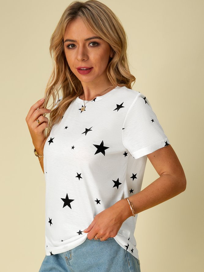 White Stars Printed Short Sleeve Casual Shift T-shirt
