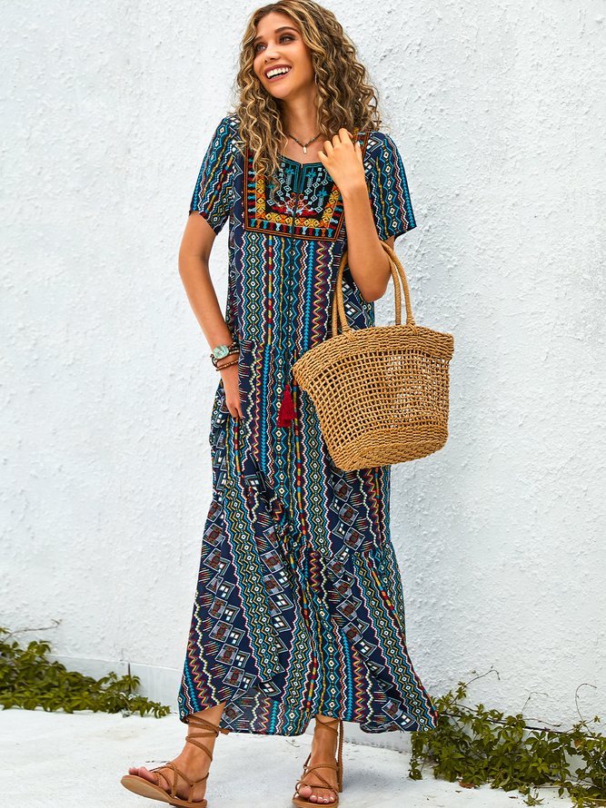 Tribal Short Sleeve Resort Weaving Dress