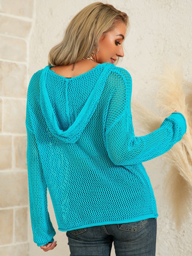Women Plain Autumn Casual Standard Long sleeve Cotton-Blend Regular H-Line Hooded Sweater