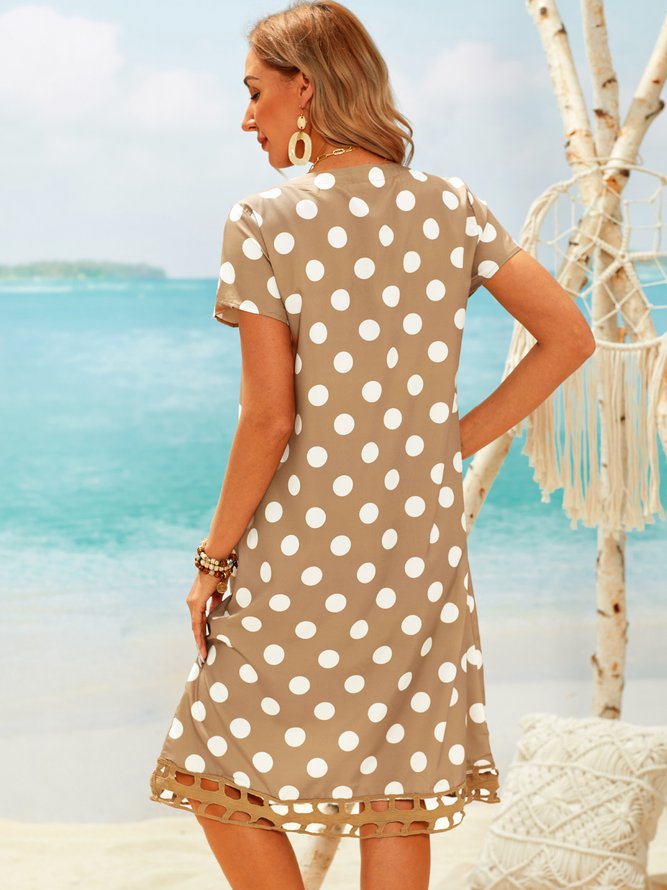Plus Size V-Neck Short Sleeve Hollow Polka Dot Summer Dress