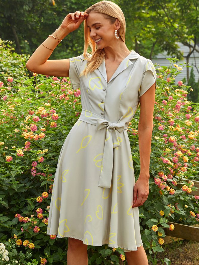 Elegant Plants Shirt Collar Short Sleeve Woven Midi Dress