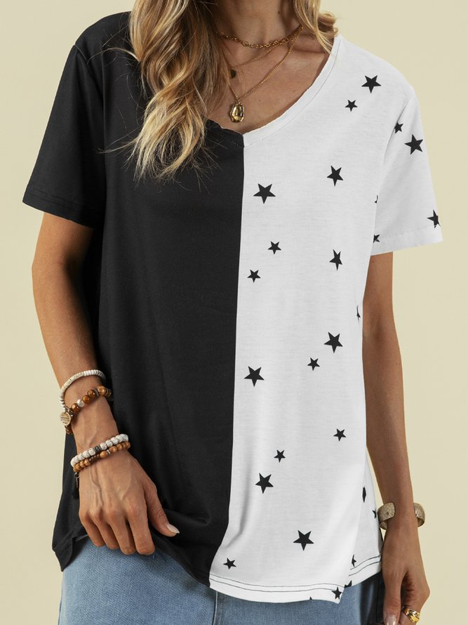 Color Block Stars Printed V-Neck Short Sleeves Plus Size Casual Tops