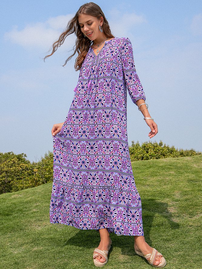 Floral-Print 3/4 Sleeve Casual Floral Weaving Dress