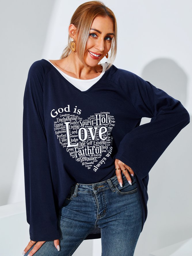 Letters Love Printed Patchwork V Neck Casual Loosen Long sleeve tops
