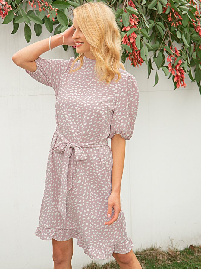 Crew Neck Casual Floral-Print Short Sleeve Weaving Dress With Belt