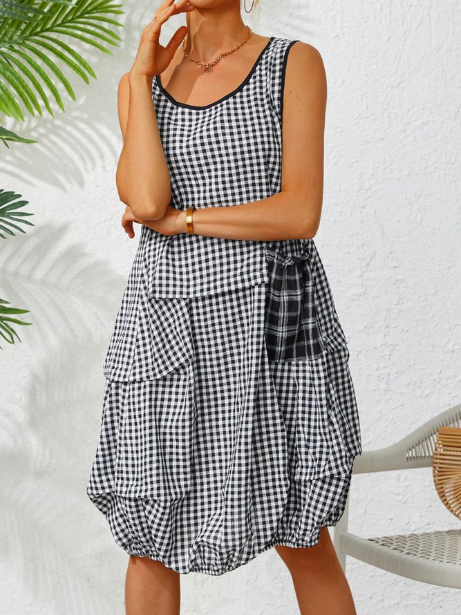 Plus Size Checkered Women Summer MIdi Weaving Dress With Pockets