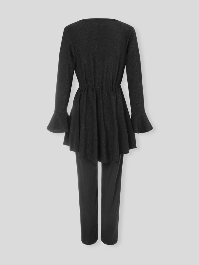 Black Gray Plain V Neck Regular Fit Knitting Dress