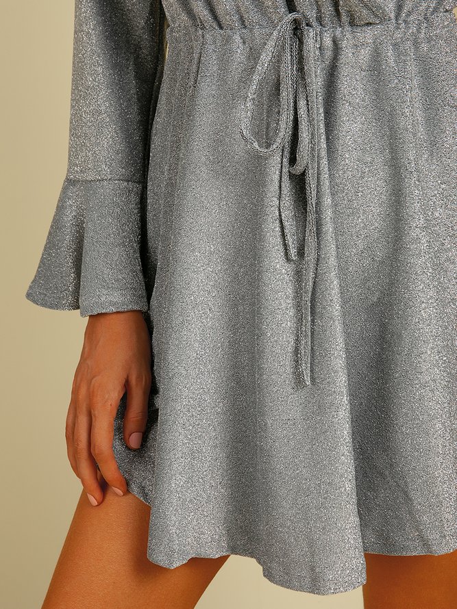 Black Gray Plain V Neck Regular Fit Knitting Dress