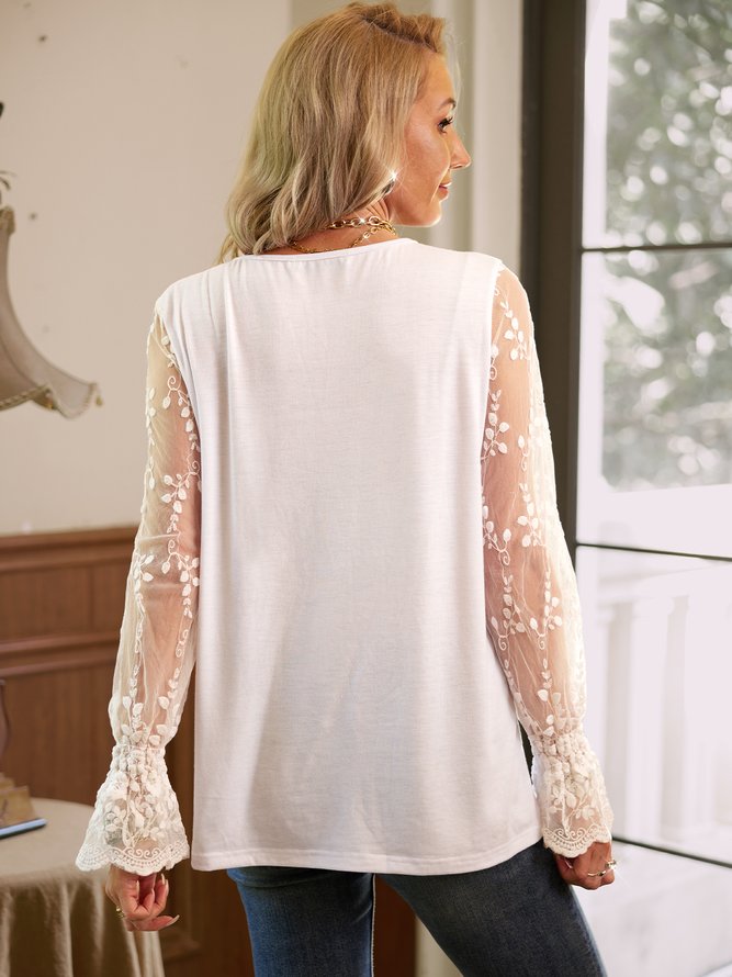 Plus Size Solid Long Sleeve Paneled Lace V Neck Shirts & Tops