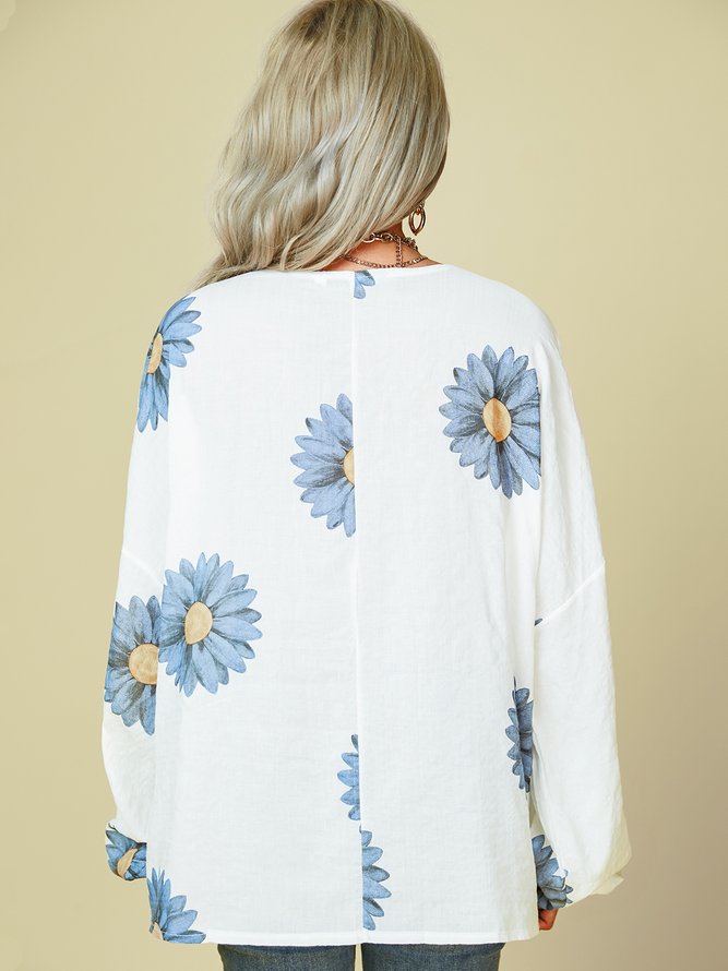 White-Blue Floral Batwing Cotton V Neck Shirts & Tops