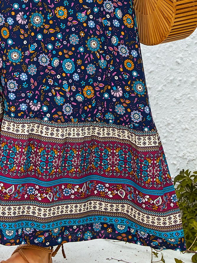 V Neck Half Sleeve Floral-Print Weaving Dress