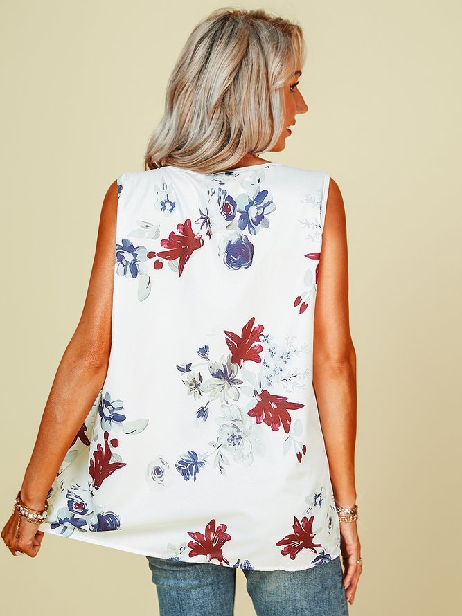 Plus size V Neck Floral Printed Sleeveless Shirts & Tops