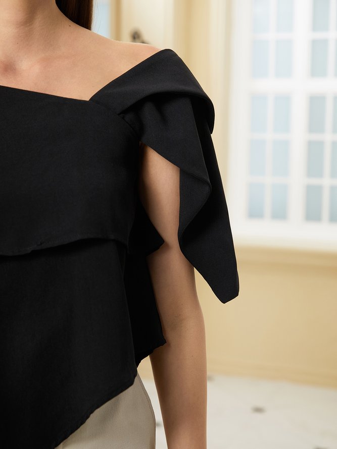 Elegant Solid Off The Shoulder Asymmetric Design Black Top