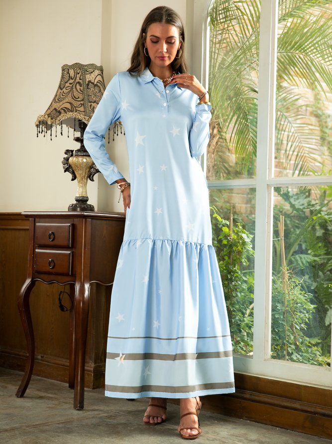 Plus Size Blue V Neck 3/4 Sleeve Casual Weaving Dress