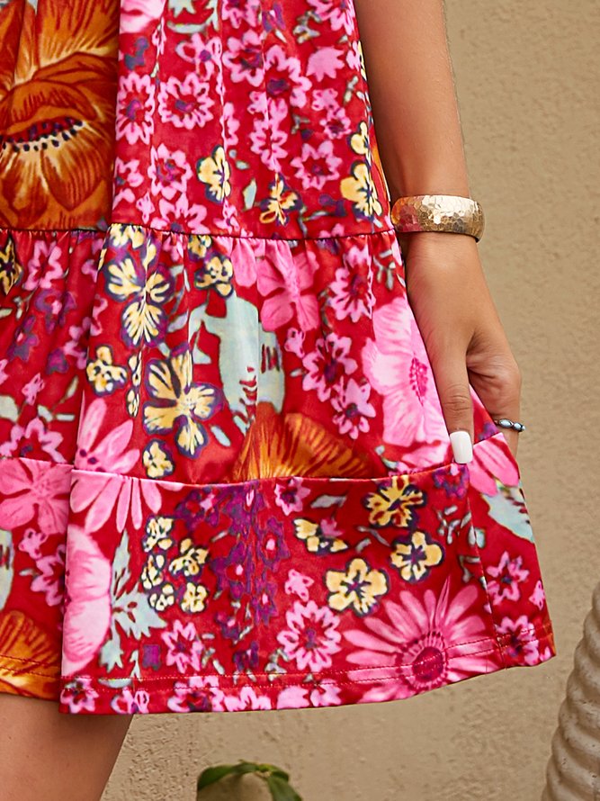 Short Sleeve Holiday Floral-Print Weaving Dress