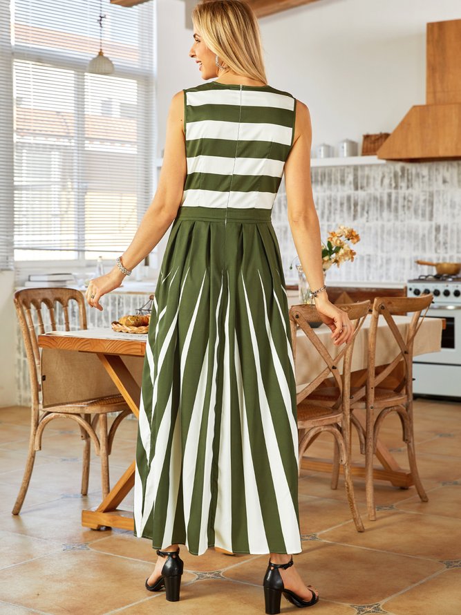 Vintage Elegant Striped Color-block Plus Size Sleeveless Crew Neck Casual Weaving Dress