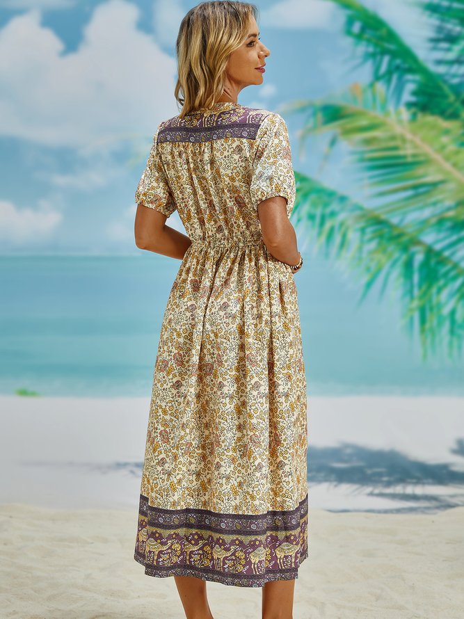 Cotton-Blend A-Line Boho Floral Weaving Dress