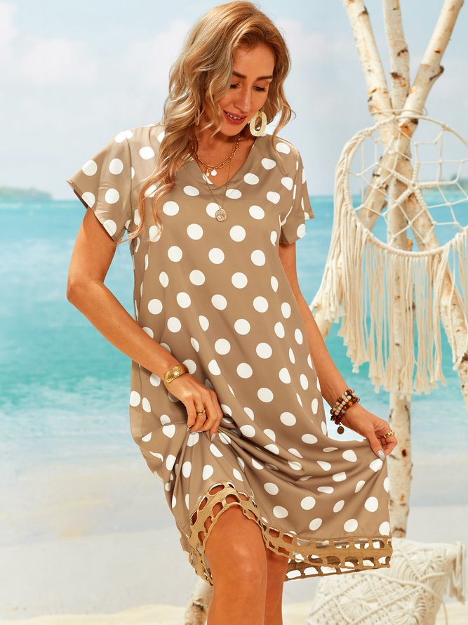 Plus Size V-Neck Short Sleeve Hollow Polka Dot Summer Dress