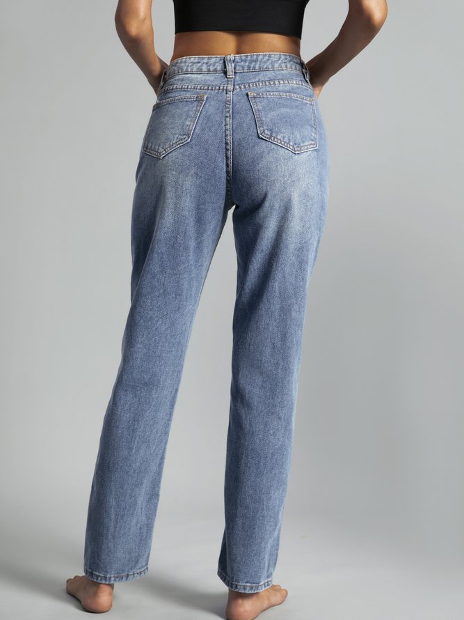 Blue Solid Pockets Simple Denim Jeans