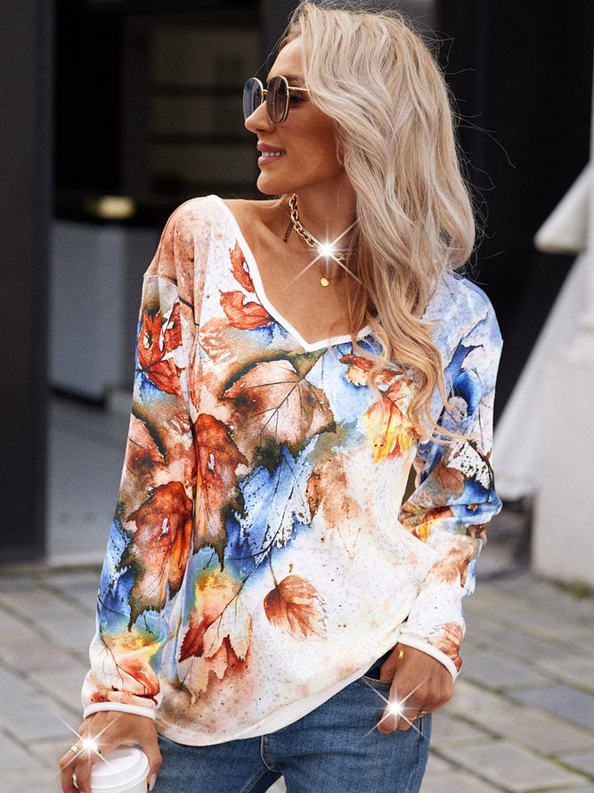 Leaves Printed Casual V Neck Long Sleeve T-shirt