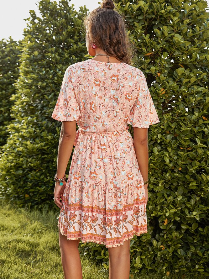 Floral-Print Resort A-Line Short Sleeve Weaving Dress