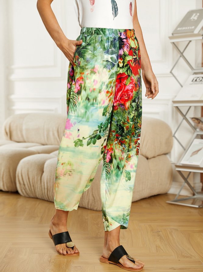 Floral  Shift  Printed  Cotton-blend  Casual  All Season Yellow Pants