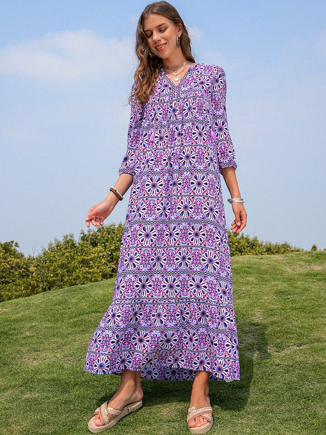 Floral-Print 3/4 Sleeve Casual Floral Weaving Dress