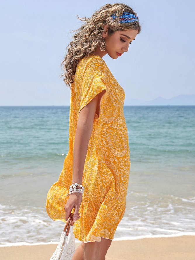 A-Line Floral-Print Casual Short Sleeve Weaving Dress