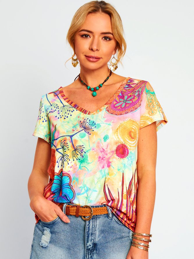 Plus Size Printed Casual Cotton T-shirt