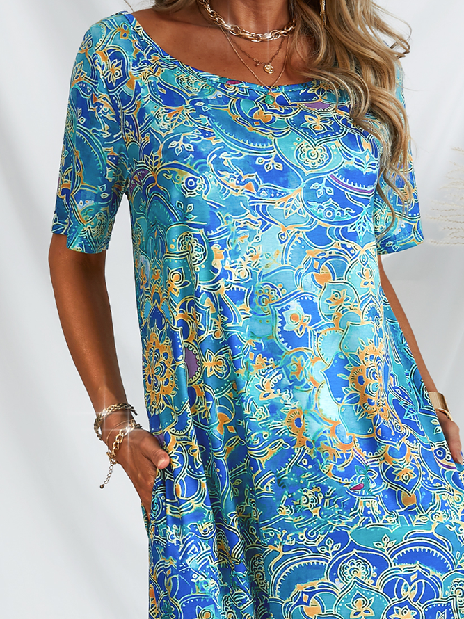 Plus Size Short Sleeve Cotton-Blend Abstract Dresses